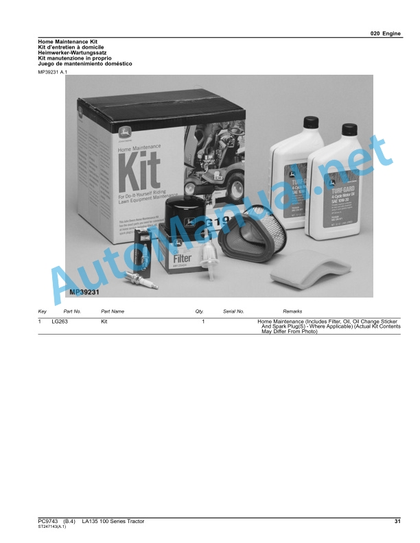Alternative view of John Deere LA135 100 Series Tractor Parts Catalog PC9743 Apr-11