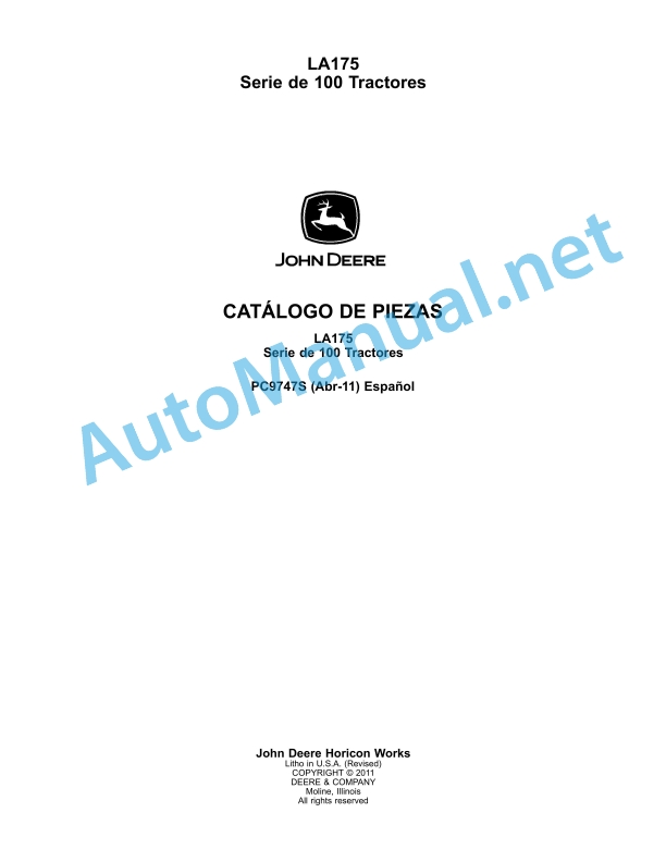 John Deere LA175 Series 100 Tractors Parts Catalog PC9475 April 2011 Spanish