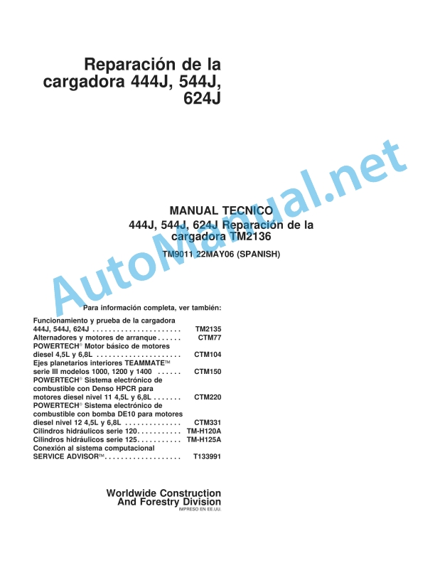 John Deere Loader 444J, 544J, 624J Technical Manual TM9011 22 May 2006 Spanish