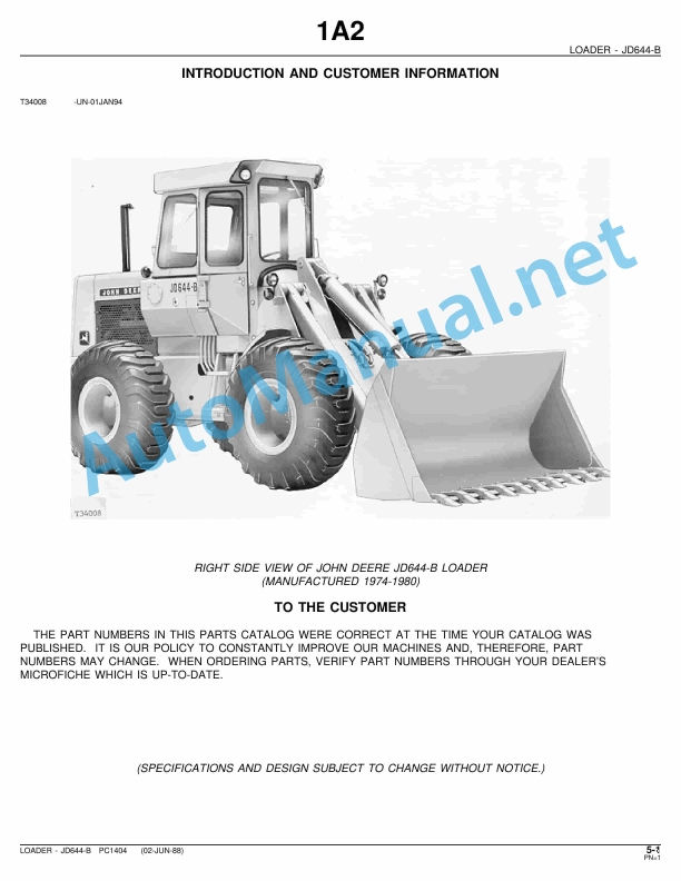 John Deere Loader JD644-B Parts Catalog PC1404 02-Jun-88
