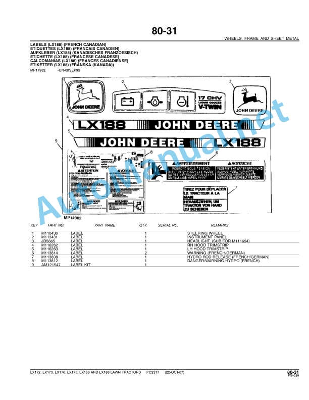 John Deere LX172, LX173, LX176, LX178, LX186, LX188 Lawn Tractors Parts Catalog PC2317 OCT-08 5 John Deere LX172, LX173, LX176, LX178, LX186, LX188 Lawn Tractors Parts Catalog PC2317 OCT-08 - Image 5