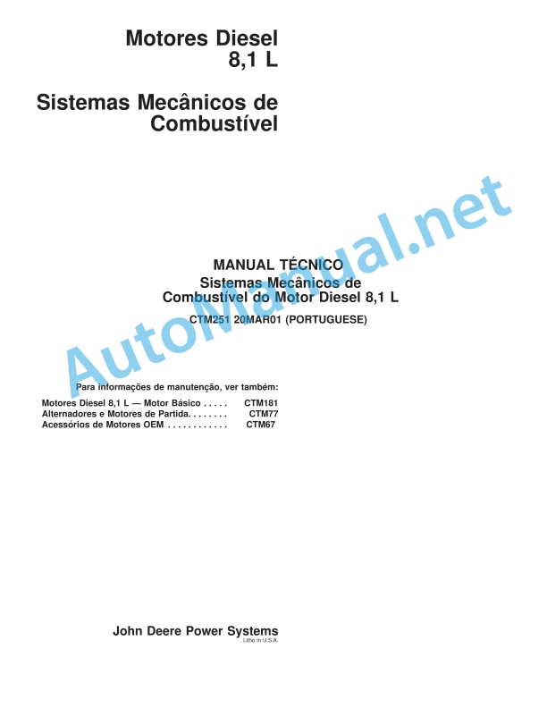 John Deere Mechanical Fuel Systems of Diesel Engine 8.1 L Component Technical Manual CTM251 20MAR01 Portuguese