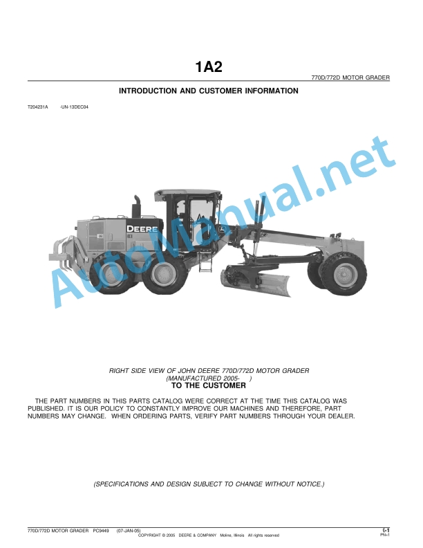 John Deere Motor Grader 770D 772D Parts Catalog PC9449 January 2005