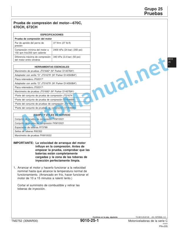 Alternative view of John Deere Motor Graders 670C, 670CH, 672CH, 770C, 770CH, 772CH Operation and Tests Technical Manual TM2752 30MAR00 Spanish