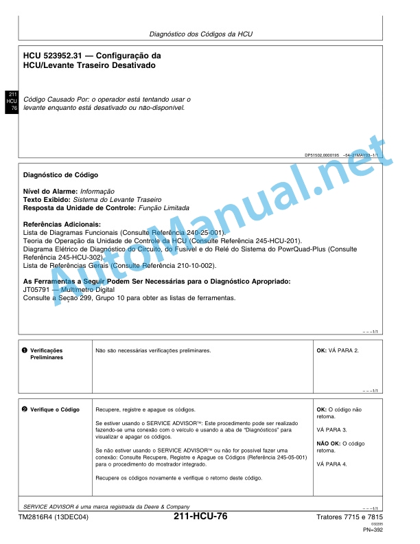John Deere Operation and Test Tractors 7715 and 7815 Technical Manual TM2816R4 13DEC04 Portuguese 3 John Deere Operation and Test Tractors 7715 and 7815 Technical Manual TM2816R4 13DEC04 Portuguese-3