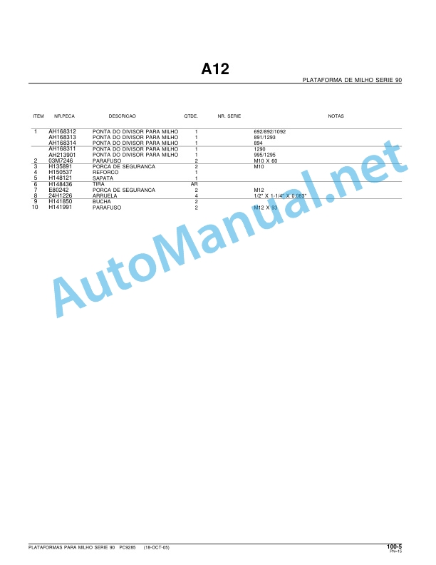Alternative view of John Deere Platform for corn Series 90 Parts Catalog PC9285P Portuguese