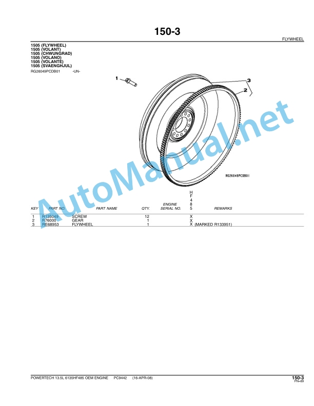 Alternative view of John Deere POWERTECH 13.5L 6135HF485 OEM ENGINE Parts Catalog PC9442 Apr-08