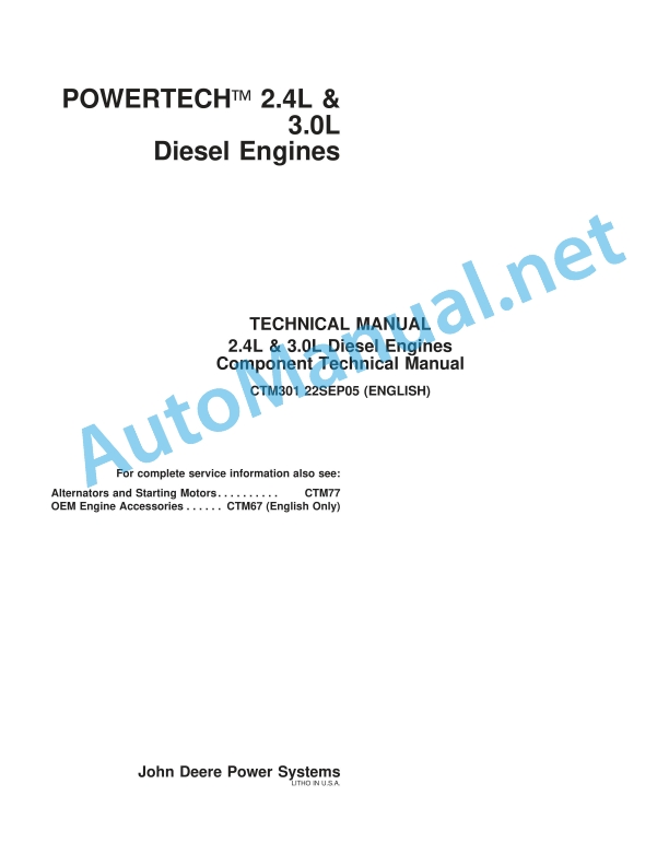 John Deere POWERTECH 2.4L and 3.0L Diesel Engines Component Technical Manual CTM301 22SEP05