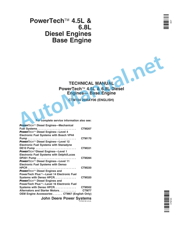 John Deere PowerTech 4.5L and 6.8L Diesel Engines Base Engine Component Technical Manual CTM104 26MAY06