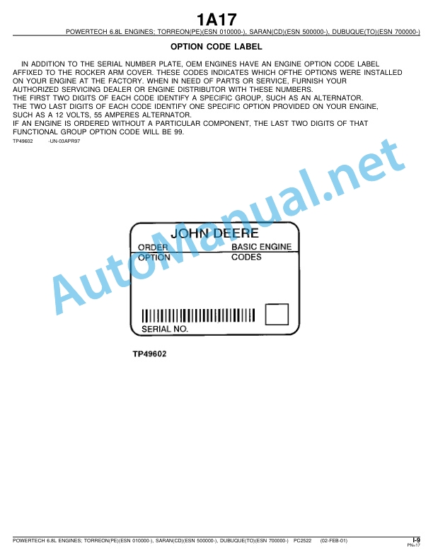 Alternative view of John Deere PowerTech 6.8 L 6068 OEM Diesel Engines and Accessories Parts Catalog PC2522 Feb-01