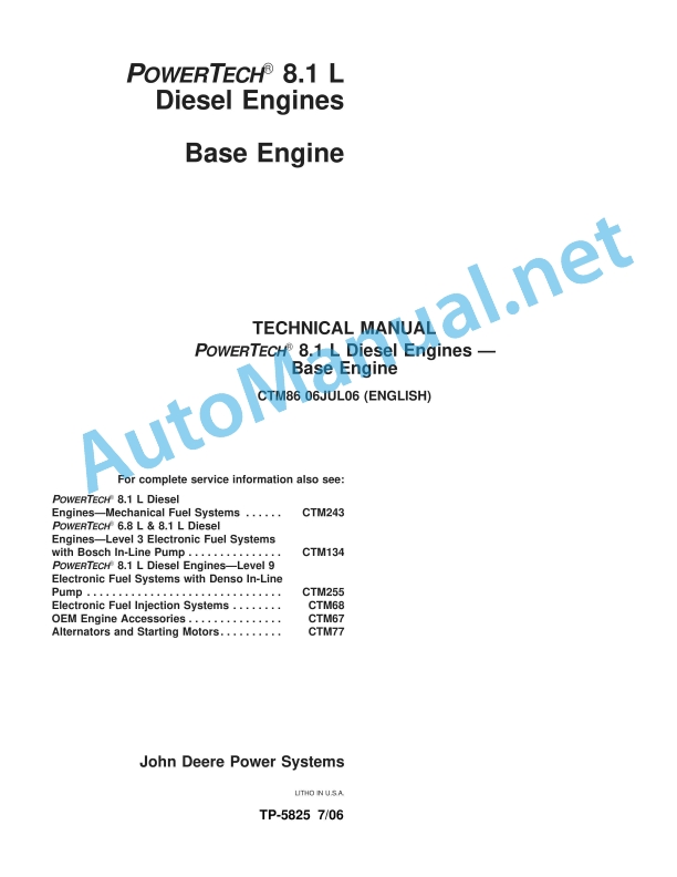 John Deere POWERTECH 8.1 L Diesel Engines Base Engine Component Technical Manual CTM86 706