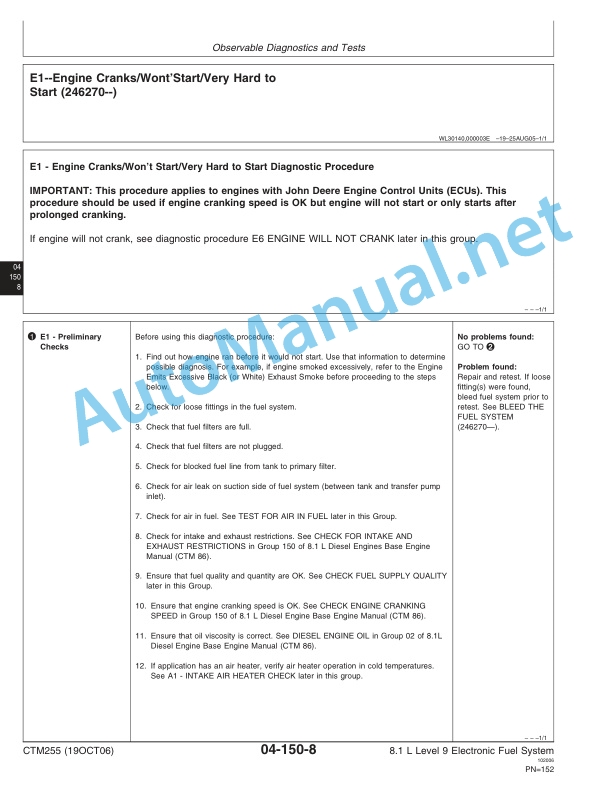 Alternative view of John Deere PowerTech 8.1L Diesel Engines Level 9 Electronic Fuel System With HPCR Component Technical Manual CTM255 19-Oct-06