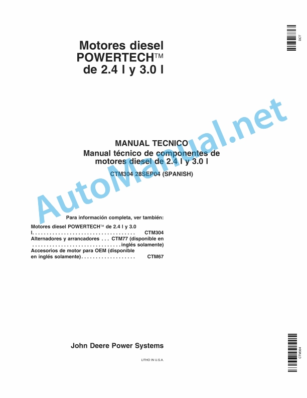 John Deere POWERTECH Diesel Engines 2.4L and 3.0L Component Technical Manual CTM304 28SEP04 Spanish
