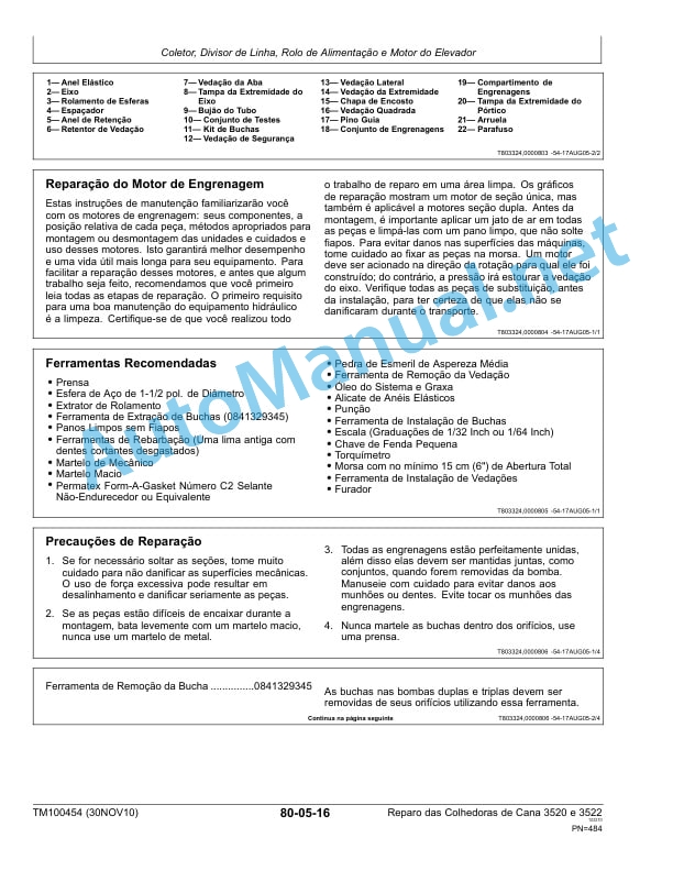 John Deere Repair of Sugarcane Harvesters 3520 and 3522 Technical Manual TM100454 November 30, 2010 Portuguese 5 John Deere Repair of Sugarcane Harvesters 3520 and 3522 Technical Manual TM100454 November 30, 2010 Portuguese - Image 5