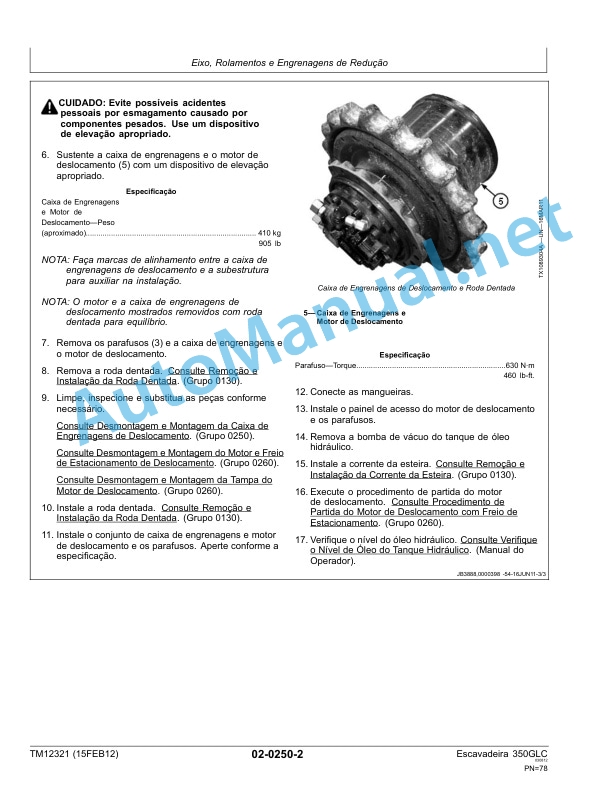 Alternative view of John Deere Repair of the Excavator 350GLC Technical Manual TM12321 15FEB12 Portuguese