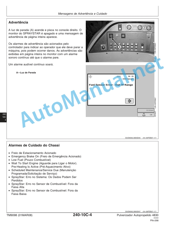 Alternative view of John Deere Self-Propelled Sprayer 4830 Technical Manual TM9098 01 March 2008 Portuguese