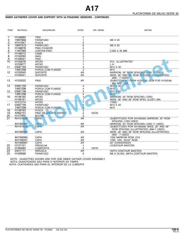 Alternative view of John Deere Series 90 Corn Platform Parts Catalog PC9285P 02-Jul-04 Portuguese
