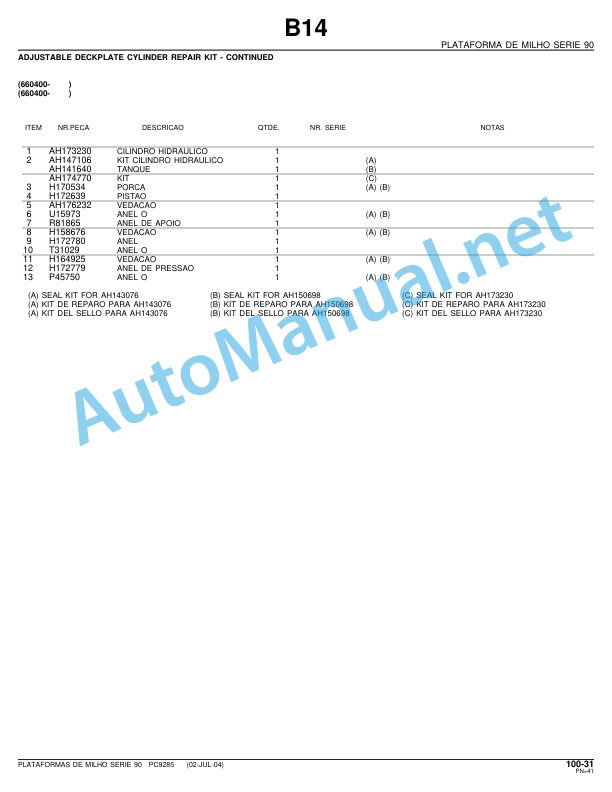 John Deere Series 90 Corn Platform Parts Catalog PC9285P 02-Jul-04 Portuguese 3 John Deere Series 90 Corn Platform Parts Catalog PC9285P 02-Jul-04 Portuguese - Image 3