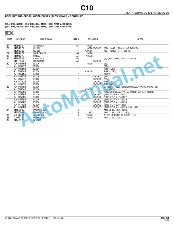 John Deere Series 90 Corn Platform Parts Catalog PC9285P 02-Jul-04 Portuguese 4 John Deere Series 90 Corn Platform Parts Catalog PC9285P 02-Jul-04 Portuguese - Image 4