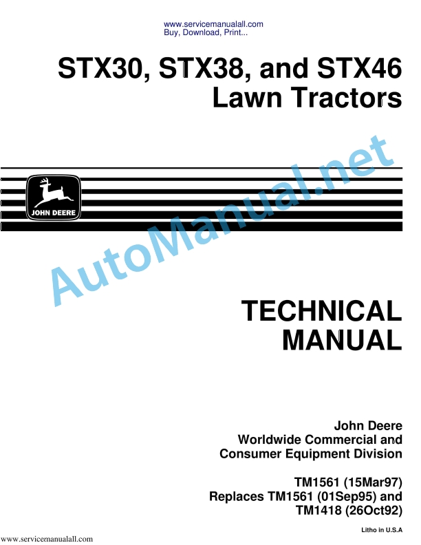 John Deere STX30, STX38, and STX46 Lawn Tractors Technical Manual TM1561 15Mar97