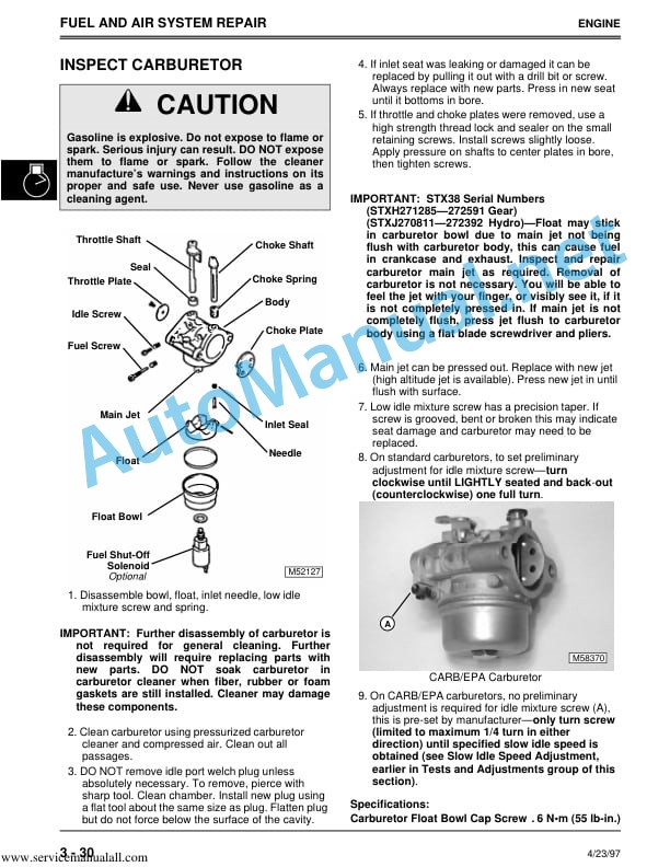 Alternative view of John Deere STX30, STX38, and STX46 Lawn Tractors Technical Manual TM1561 15Mar97