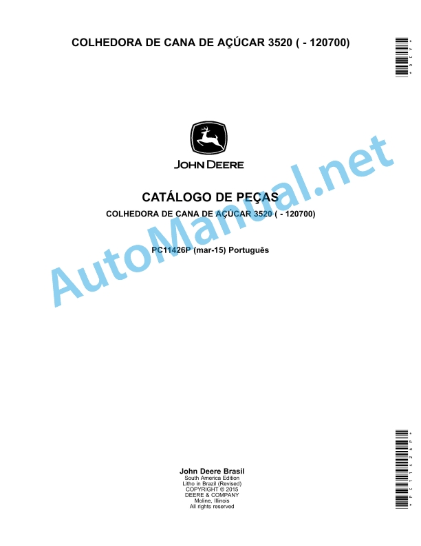 John Deere Sugar Cane Harvester 3520 Parts Catalog PC11426P MAR-15 Portuguese