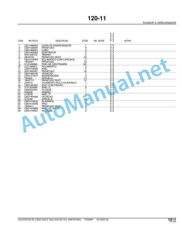 John Deere SUGAR CANE HARVESTER 3520,3522 Parts Catalog PC9808P 05-Mar-09 Portuguese 5 John Deere SUGAR CANE HARVESTER 3520,3522 Parts Catalog PC9808P 05-Mar-09 Portuguese - Image 5