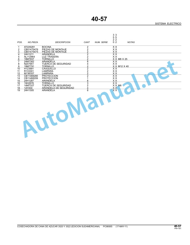 John Deere SUGAR CANE HARVESTER 3520,3522 Parts Catalog PC9808S May-11 Spanish 2 John Deere SUGAR CANE HARVESTER 3520,3522 Parts Catalog PC9808S May-11 Spanish - Image 2