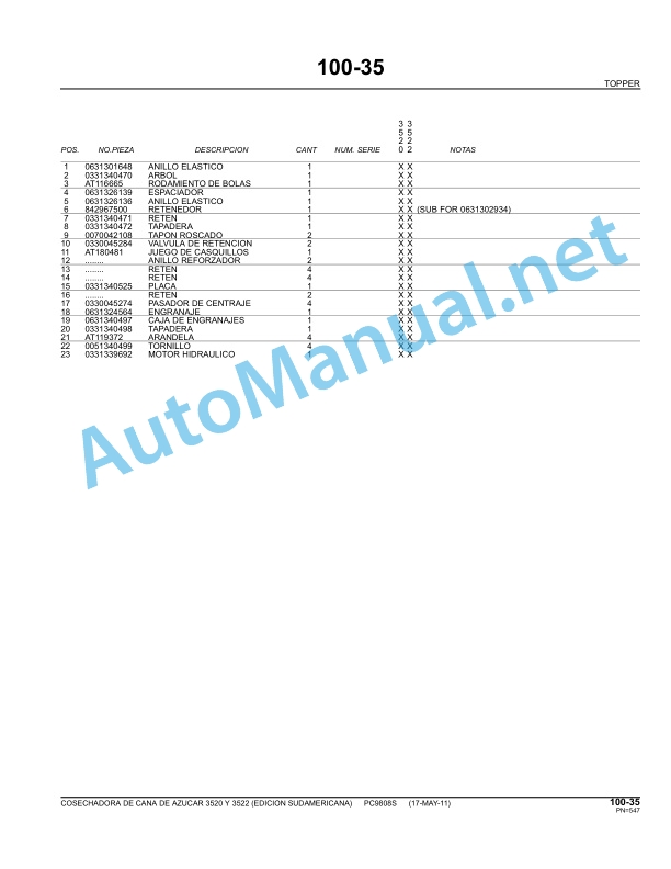 John Deere SUGAR CANE HARVESTER 3520,3522 Parts Catalog PC9808S May-11 Spanish 4 John Deere SUGAR CANE HARVESTER 3520,3522 Parts Catalog PC9808S May-11 Spanish - Image 4