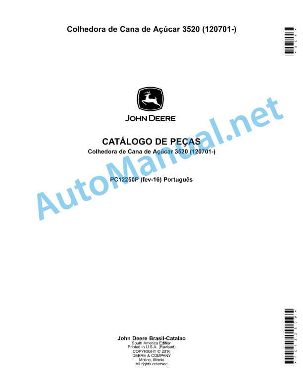John Deere Sugarcane Harvester 3520 Parts Catalog PC12250P February 2016 Portuguese