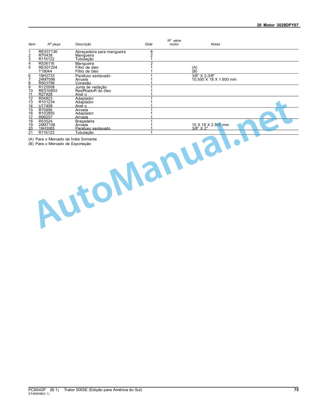 Alternative view of John Deere Tractor 5055E (South America Edition) Parts Catalog PC8543P April 2014 Portuguese