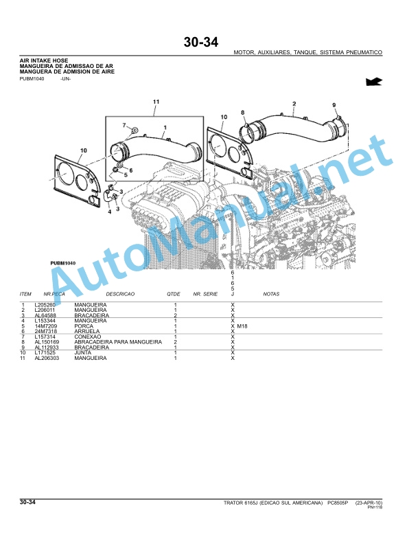 Alternative view of John Deere Tractor 6165J Parts Catalog PC8505P 23-APR-10 Portuguese