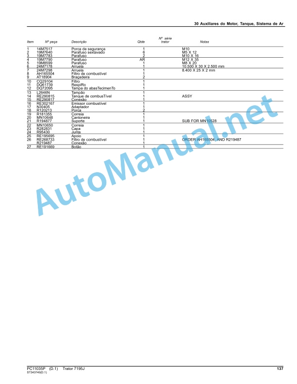 Alternative view of John Deere Tractor 7195J Parts Catalog PC11035P March 2014 Portuguese