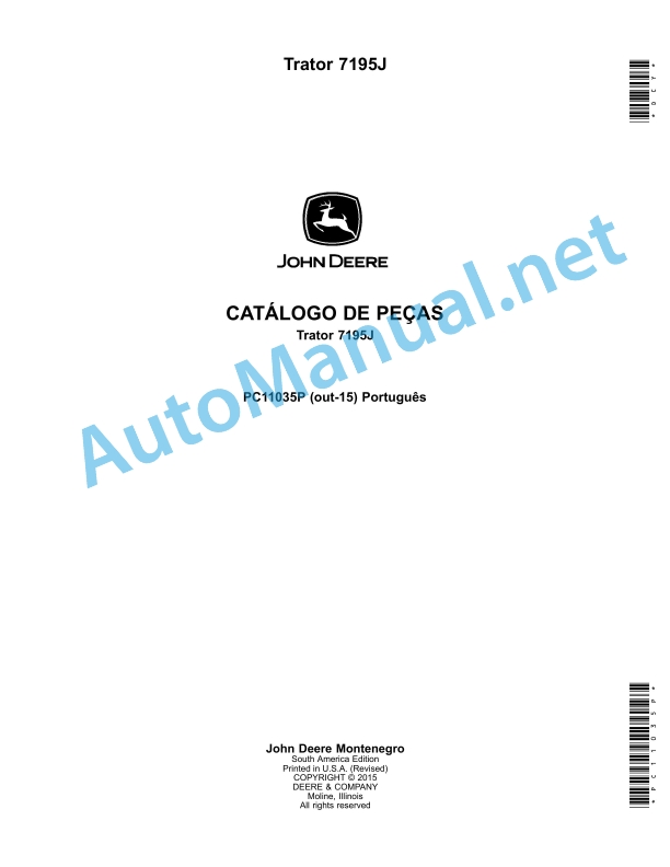 John Deere Tractor 7195J Parts Catalog PC11035P October 2015 Portuguese