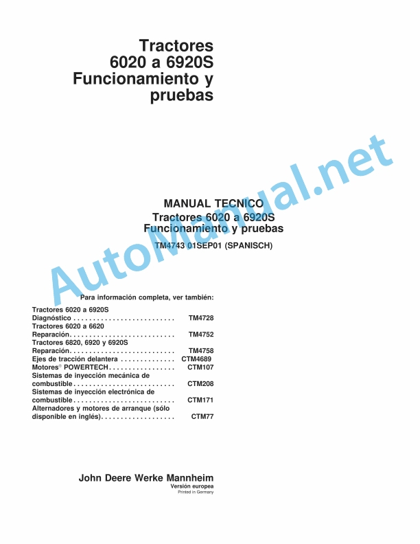John Deere Tractors 6020 to 6920S Operation and tests Technical Manual TM4743 Spanish