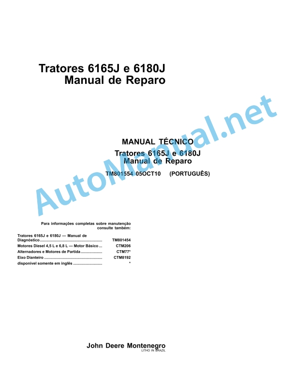 John Deere Tractors 6165J and 6180J Repair Manual Technical Manual TM801554 Portuguese