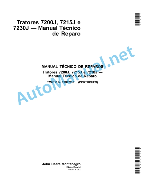 John Deere Tratores 7200J, 7215J e 7230J Technical Manual TM805154 13DEC16 Portuguese