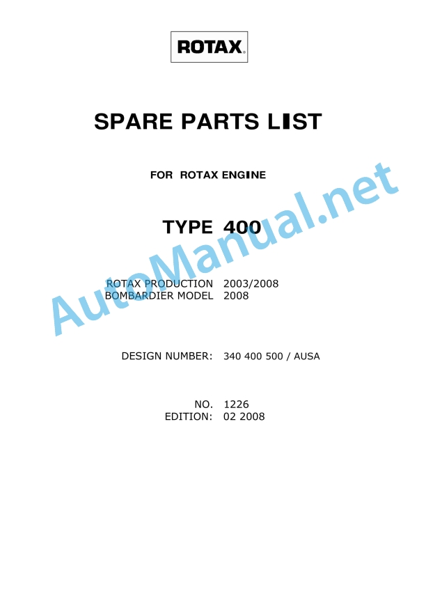 Kubota TYPE 400 Parts Manual 1226 02 2008