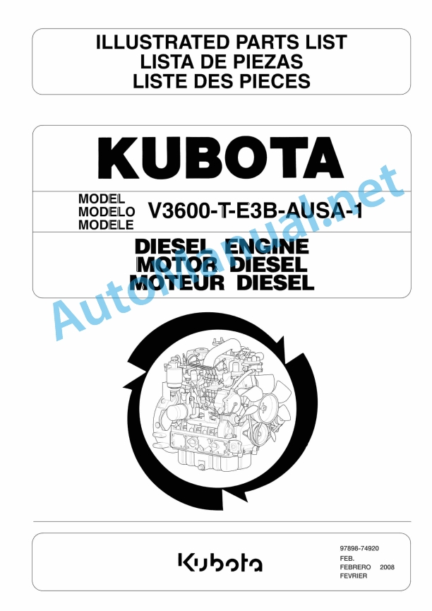 Kubota V3600-T-E3B-AUSA-1 Diesel Engine Parts Manual 97898-74920 February 2008