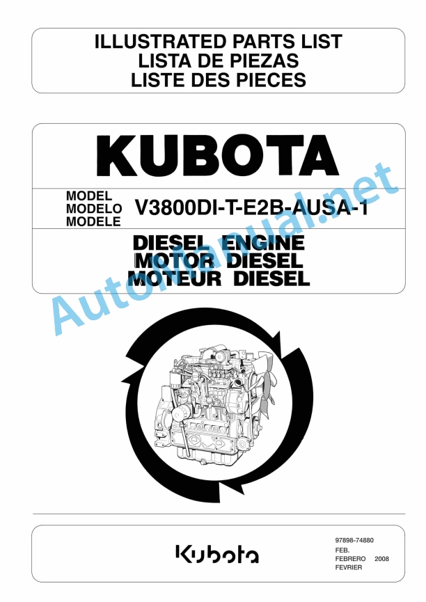 Kubota V3800DI-T-E2B-AUSA-1 Parts Manual 97898-74880 FEB. 2008