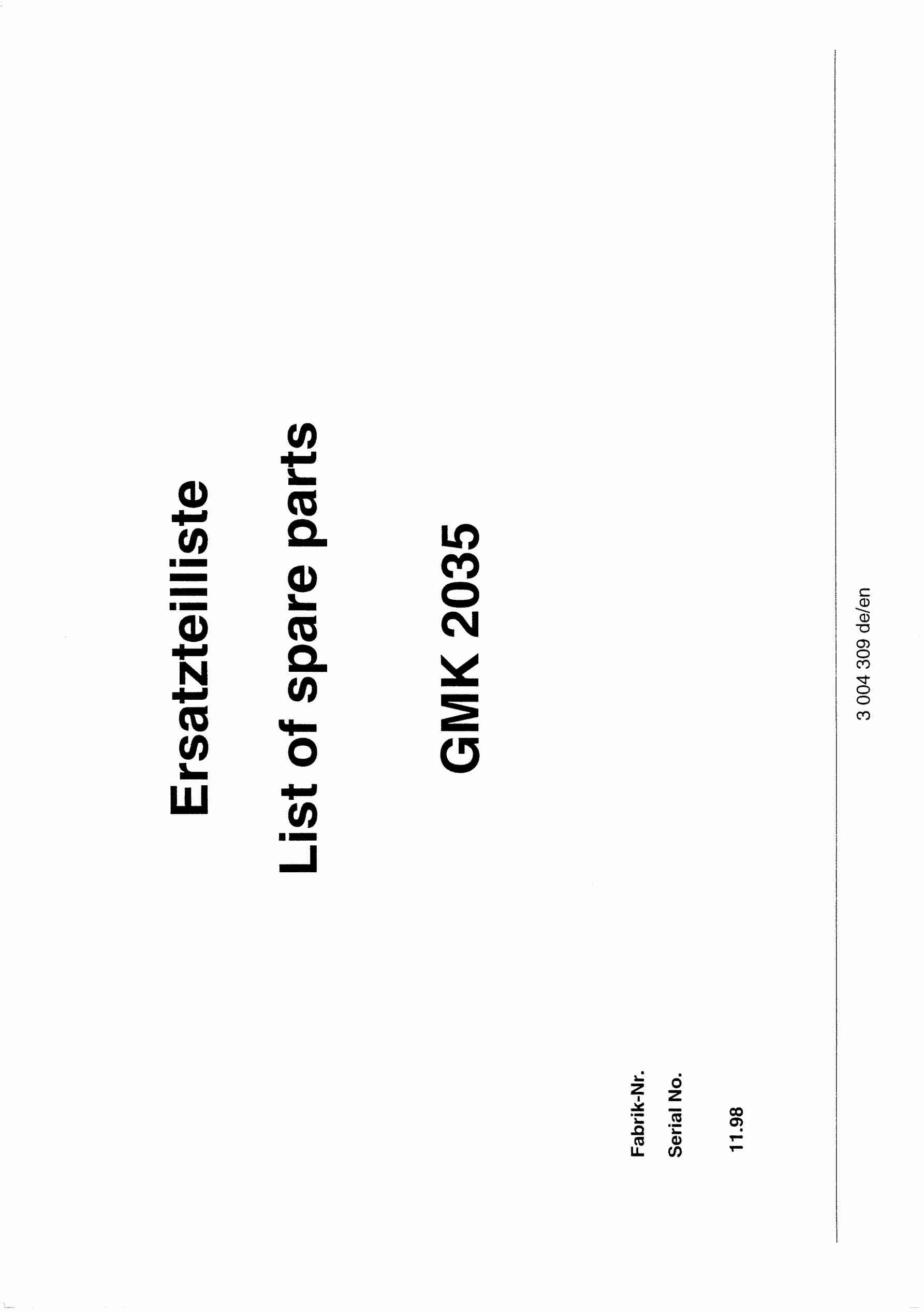 Grove GMK 2035 Crane Spare Parts List 3004309 1998 DE EN