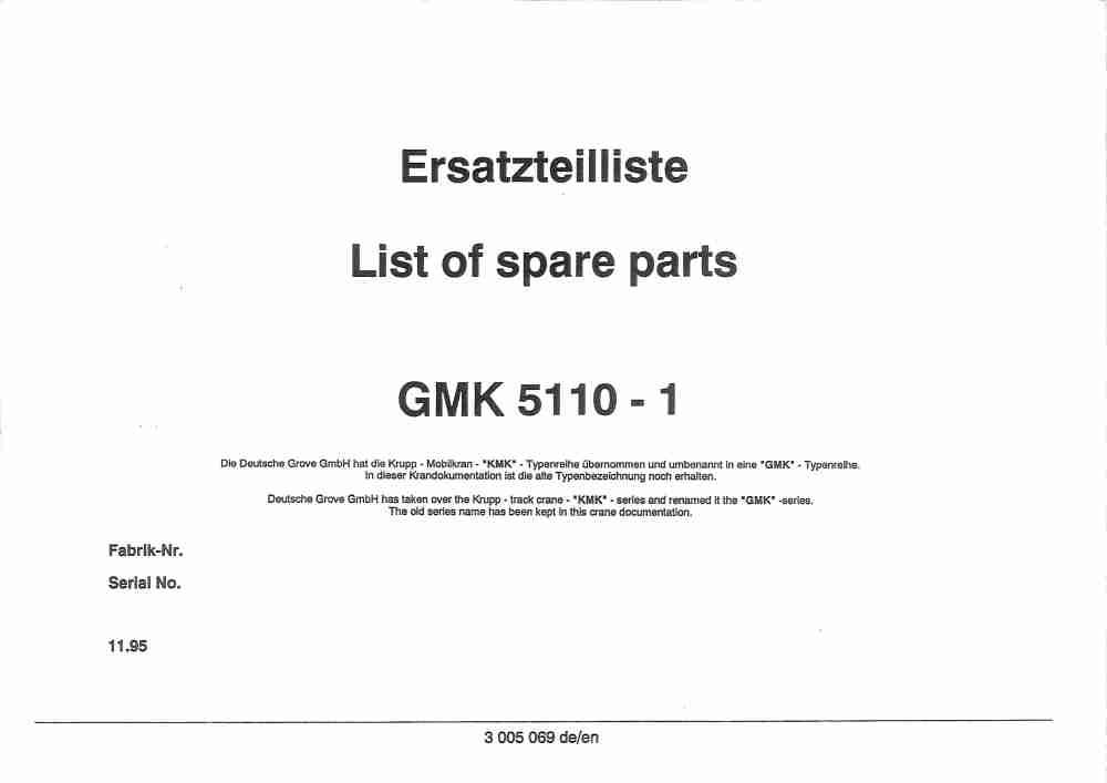 Grove GMK 5110-1 Crane Spare Parts List 1995 DE EN