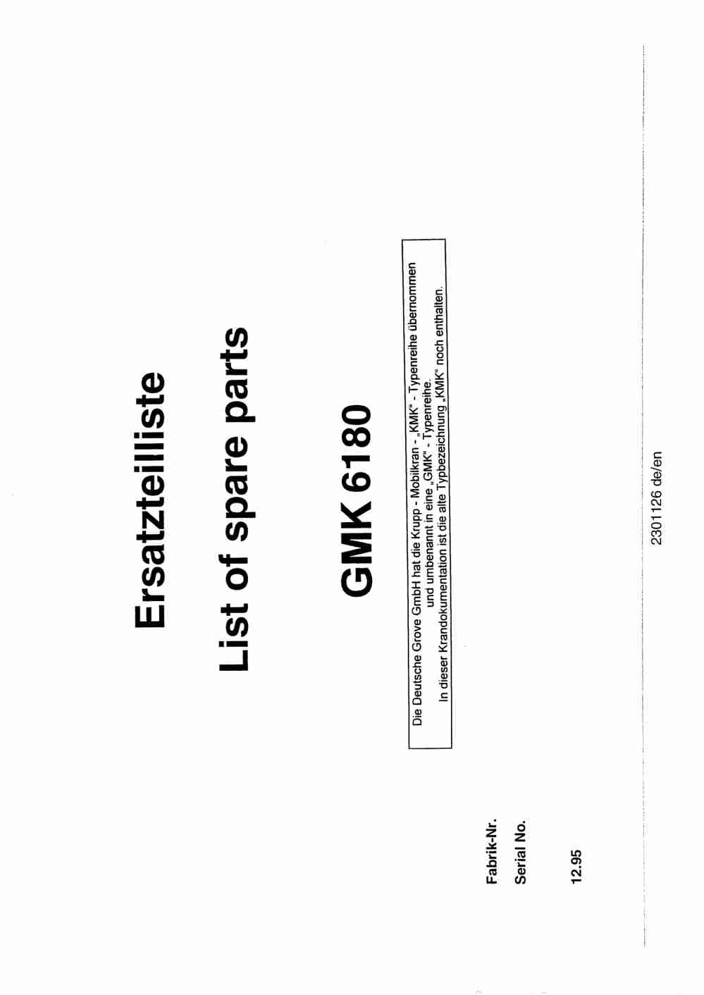 Grove GMK 6180 Crane Spare Parts List 1995 DE EN