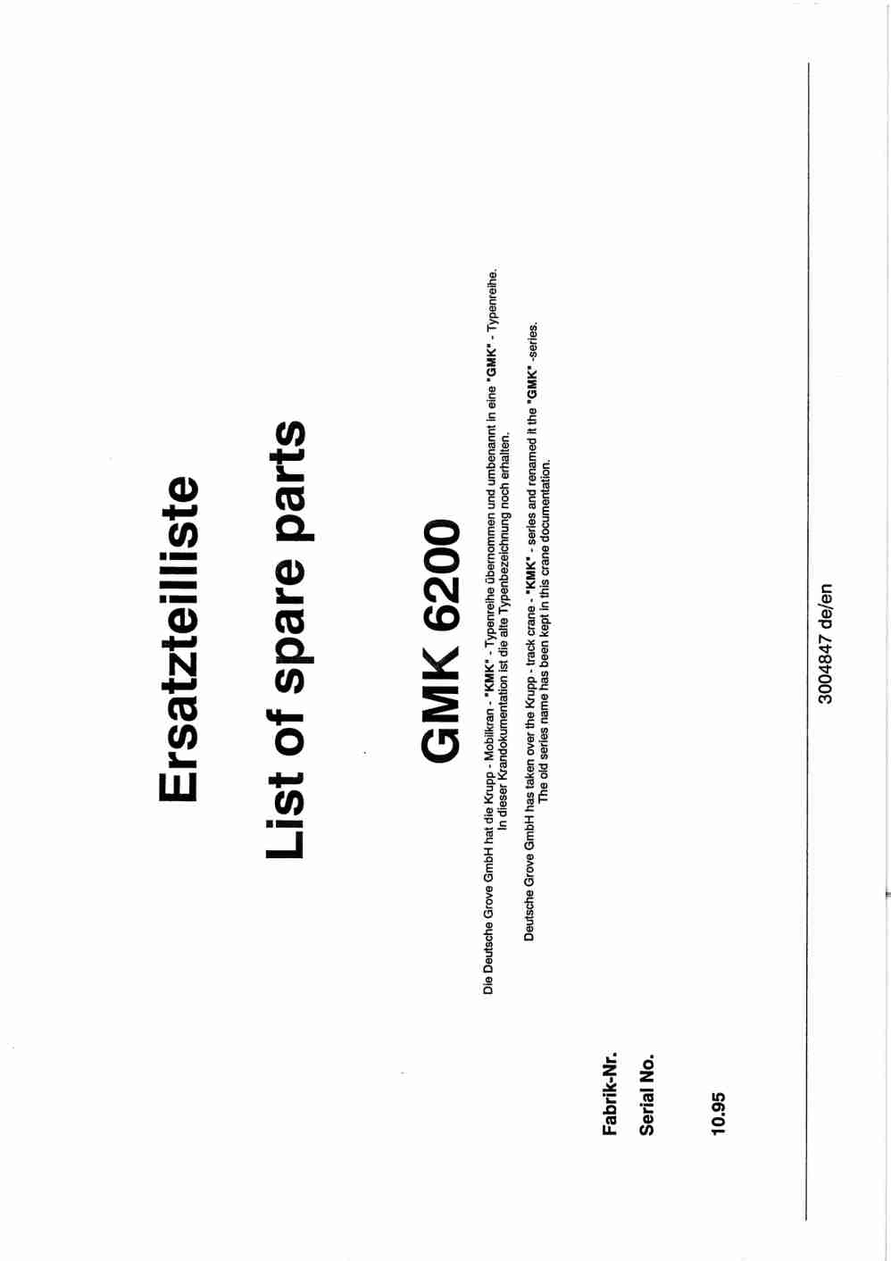 Grove GMK 6200 Crane Spare Parts List 1995 EN DE