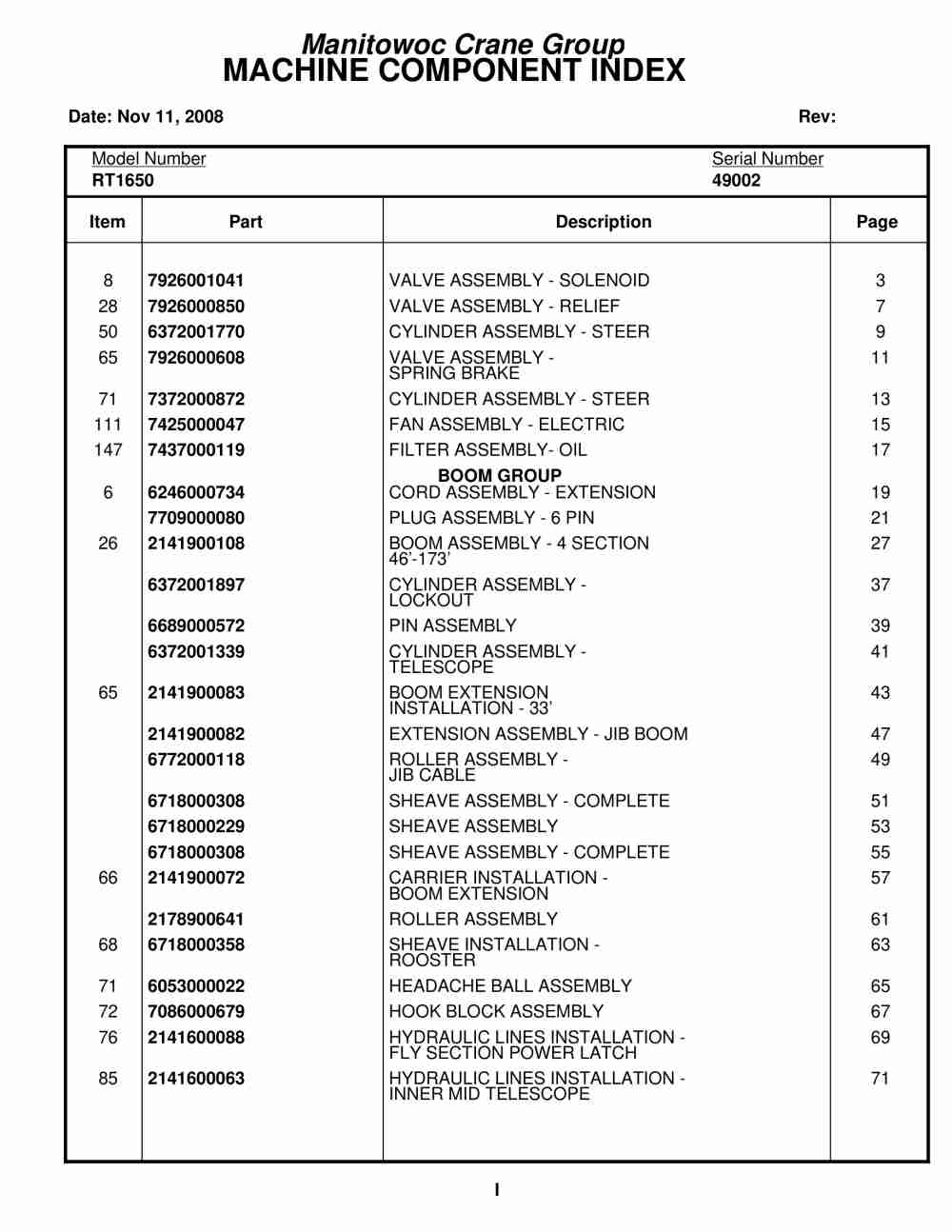 Grove RT1650 Crane Parts Manual 49002 2008