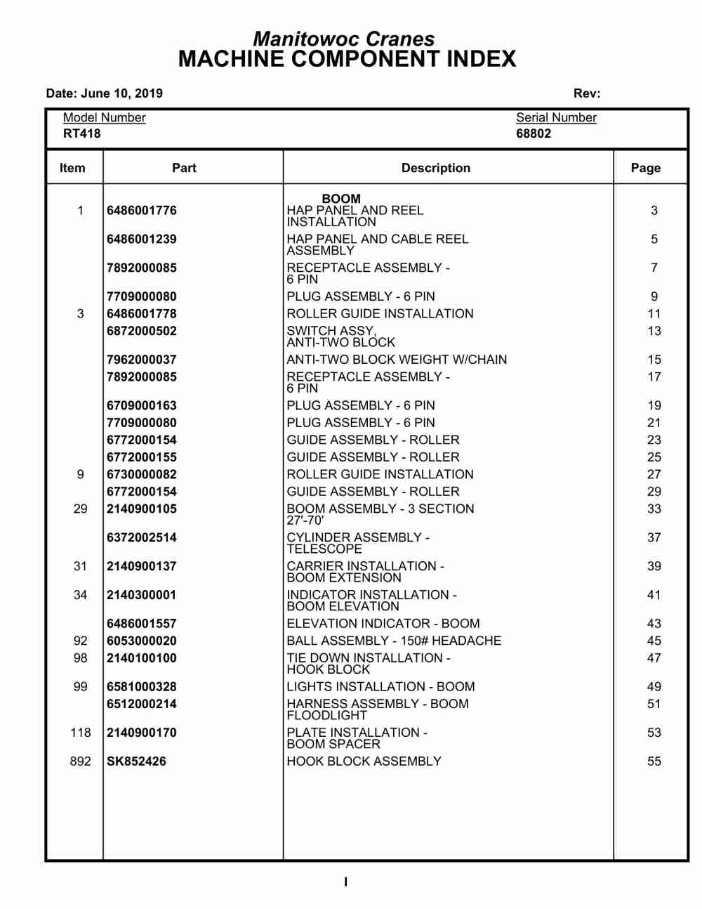 Grove RT418 Crane Parts Manual 68802 2019