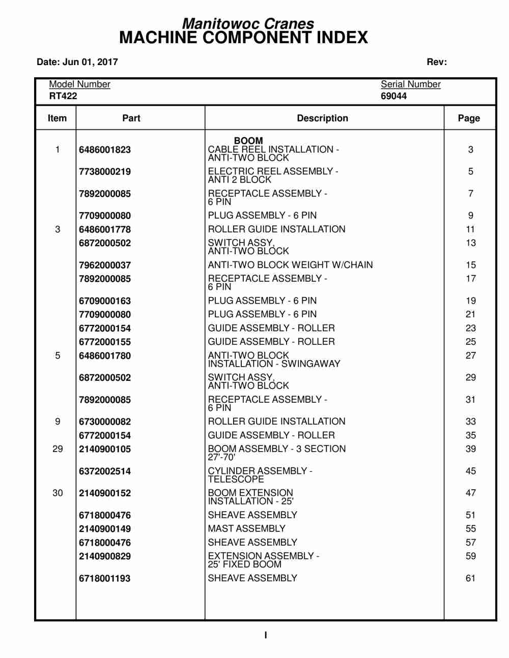 Grove RT422 Crane Parts Manual 69044 2017