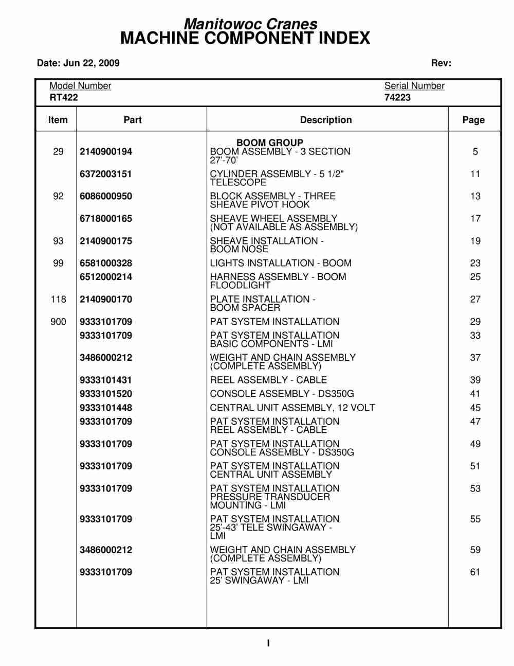 Grove RT422 Crane Parts Manual 74223 2009