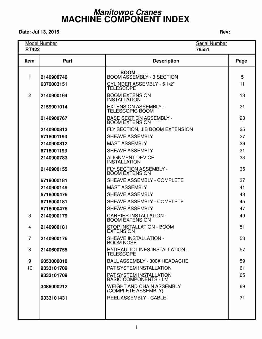 Grove RT422 Crane Parts Manual 78551 2016