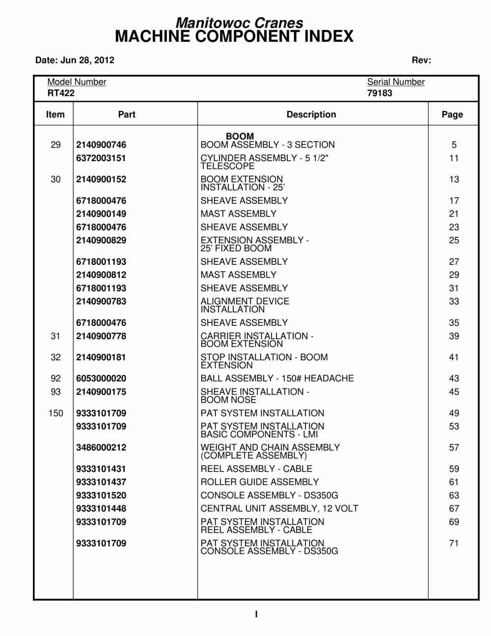 Grove RT422 Crane Parts Manual 79183 2012